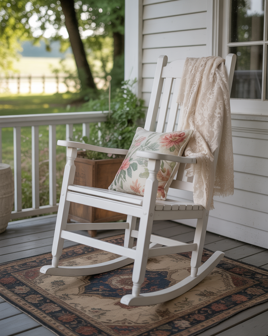 White wooden rocking chair with floral cushion and lace blanket, on a porch with vintage rug.