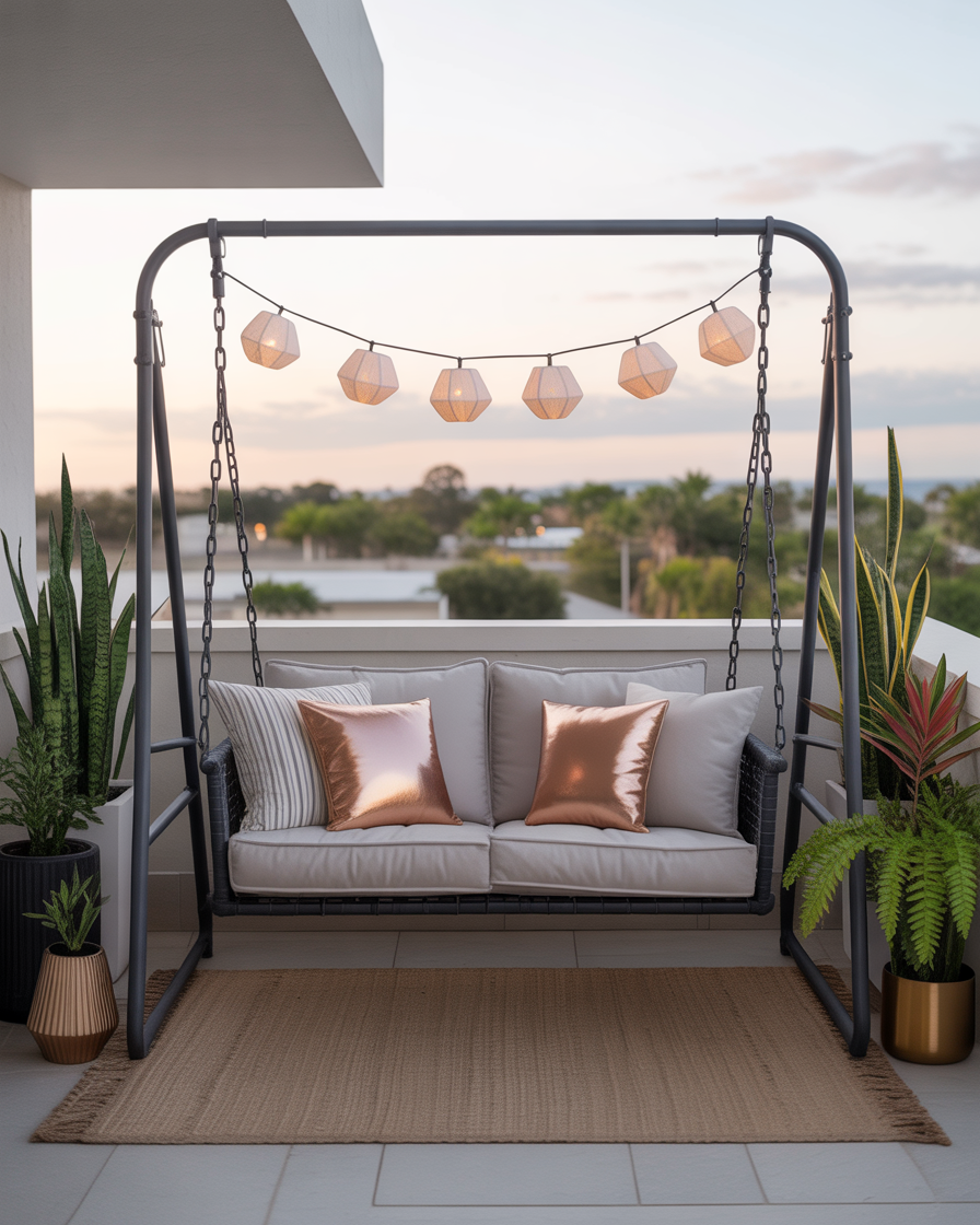 Minimalist metal bench swing with neutral cushions in a small modern patio garden.