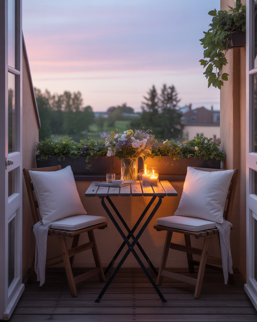 A cozy dining nook on a small apartment balcony with a bistro table and chairs.