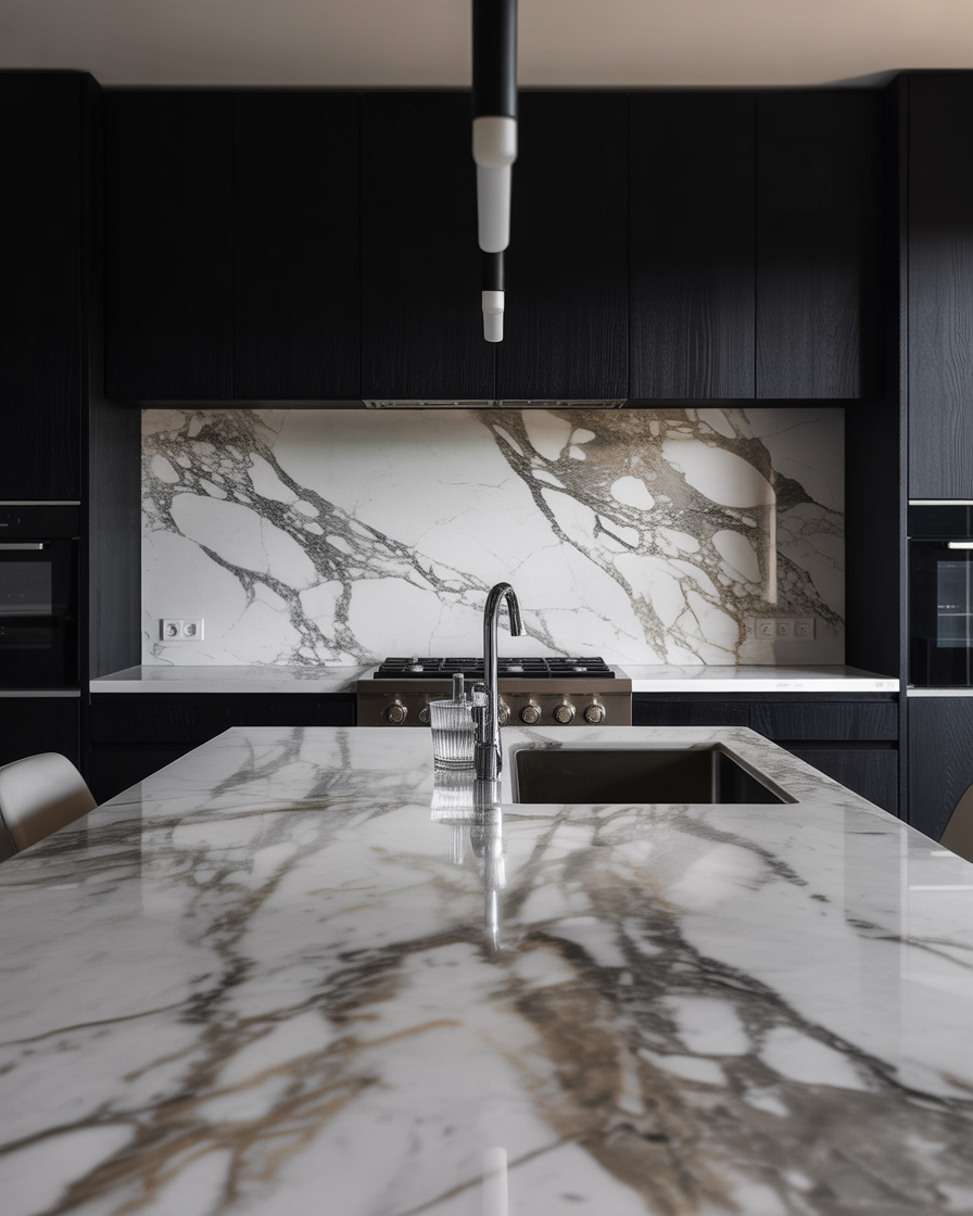 A luxurious kitchen with marble countertops and contrasting black cabinetry.