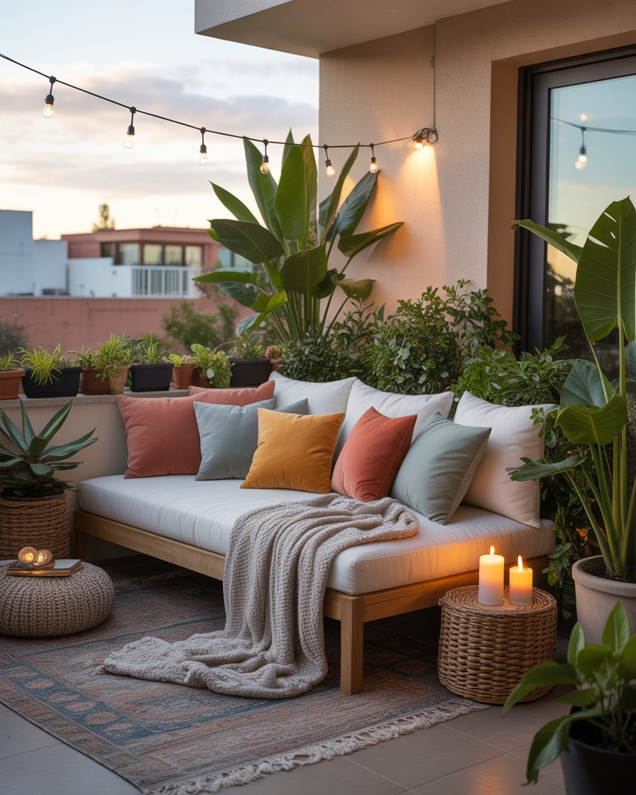 A stylish outdoor daybed on a small apartment balcony with throw pillows.