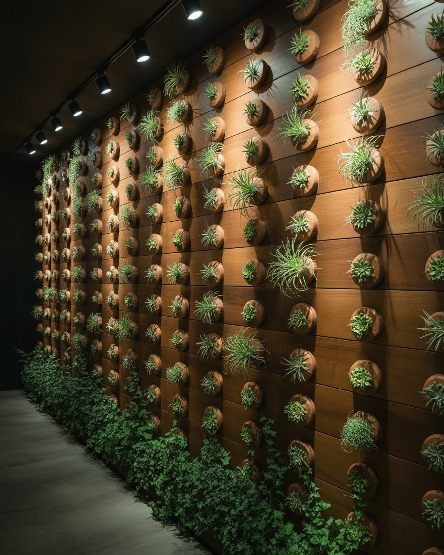 Air plant living wall lit by spotlights.