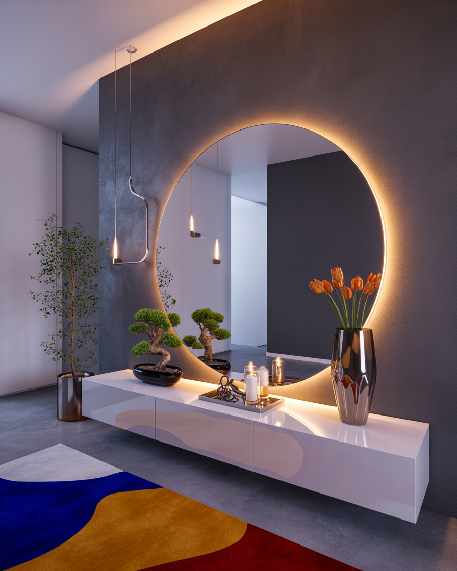 Modern LED backlit mirror glowing softly in an entryway.