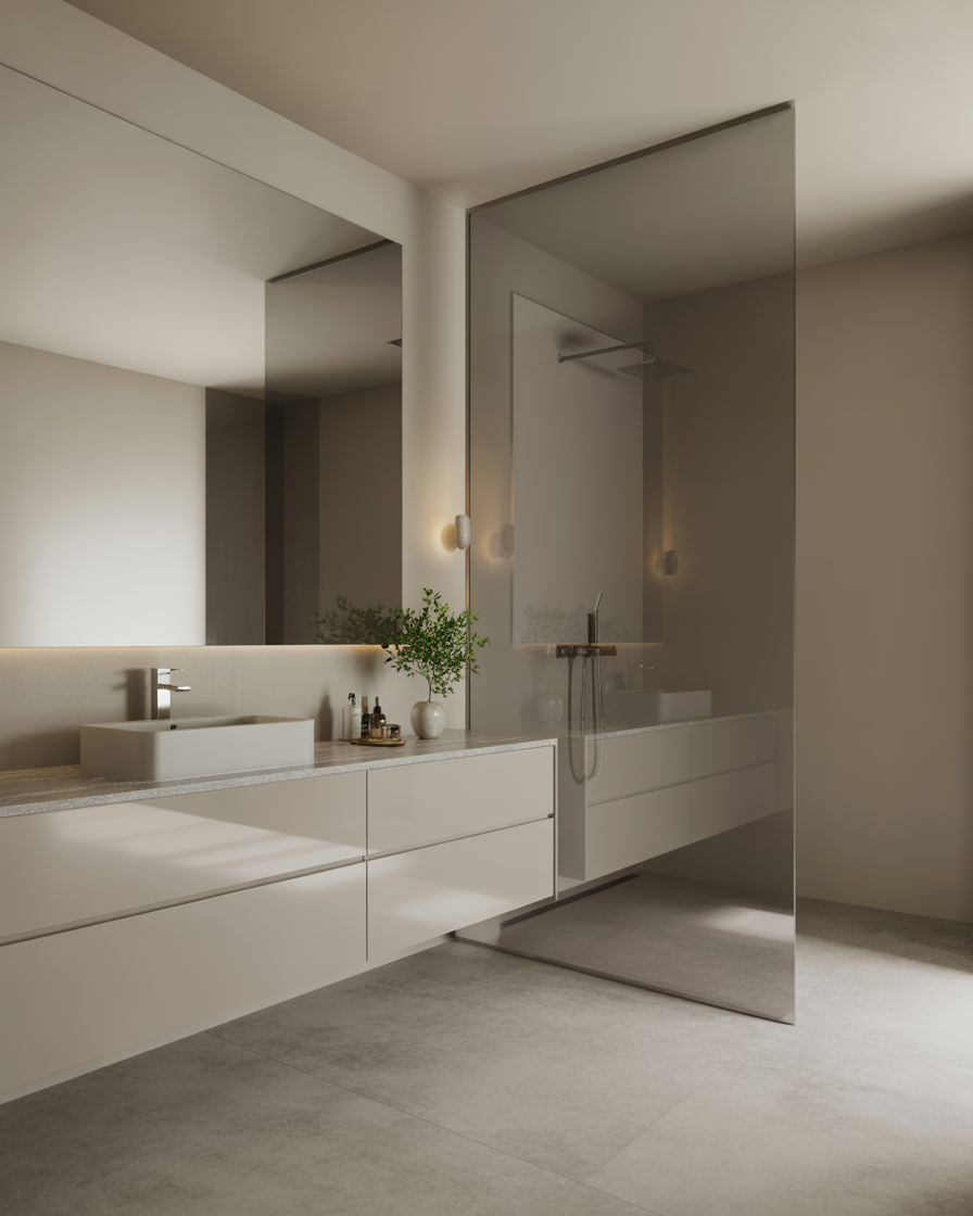 Minimalist modern bathroom with floating vanity and frameless mirror.