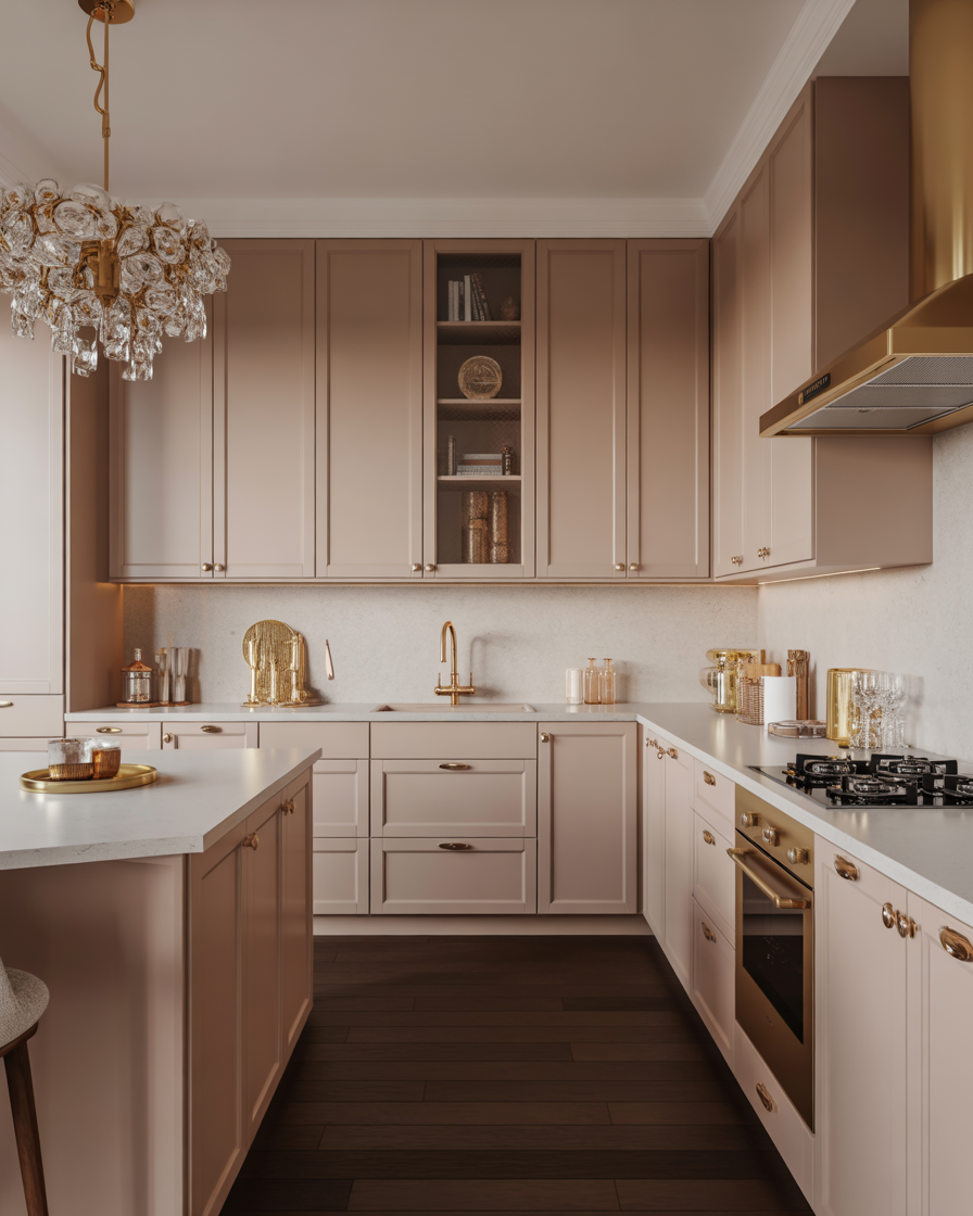  A neutral-toned kitchen with gold metallic accents and a modern island.