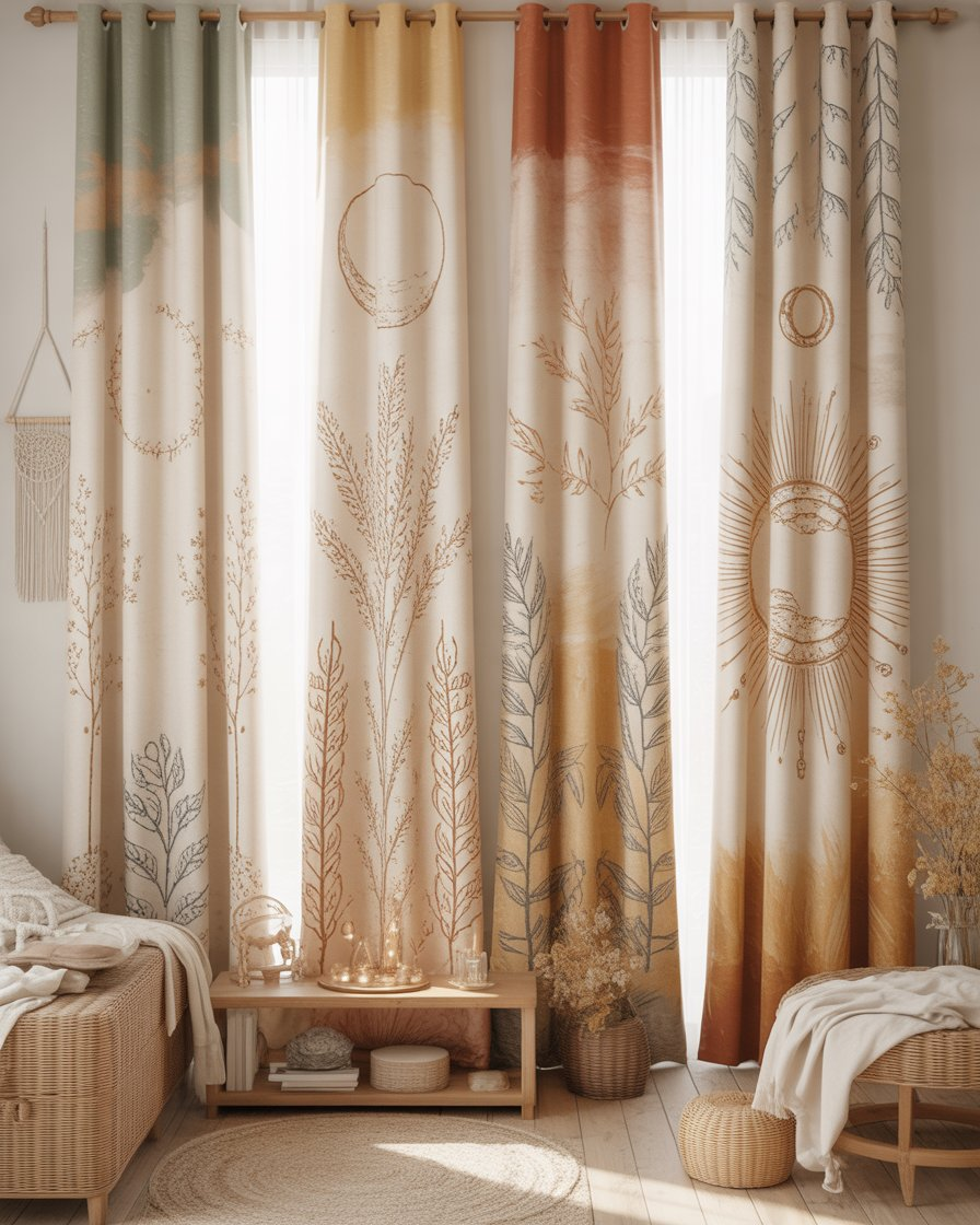 Cream-colored curtains with green leaf and moon phase prints in a peaceful boho bedroom.