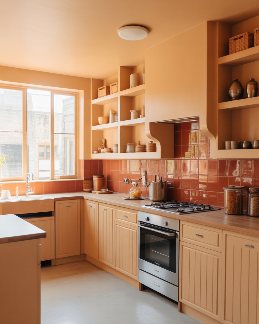 A rustic kitchen with beige cabinetry and terracotta accents, featuring open shelving.