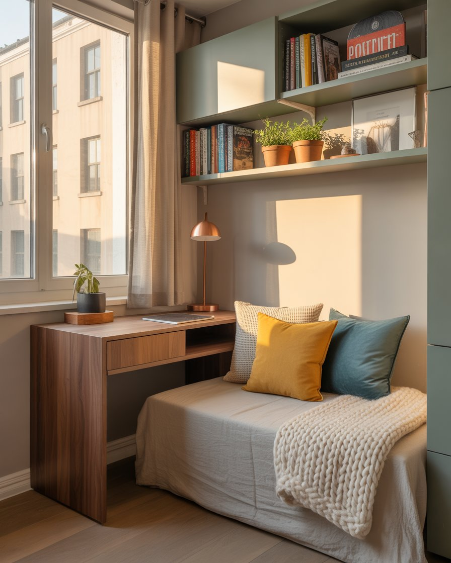 Small city room with desk and bed for smart dual use.