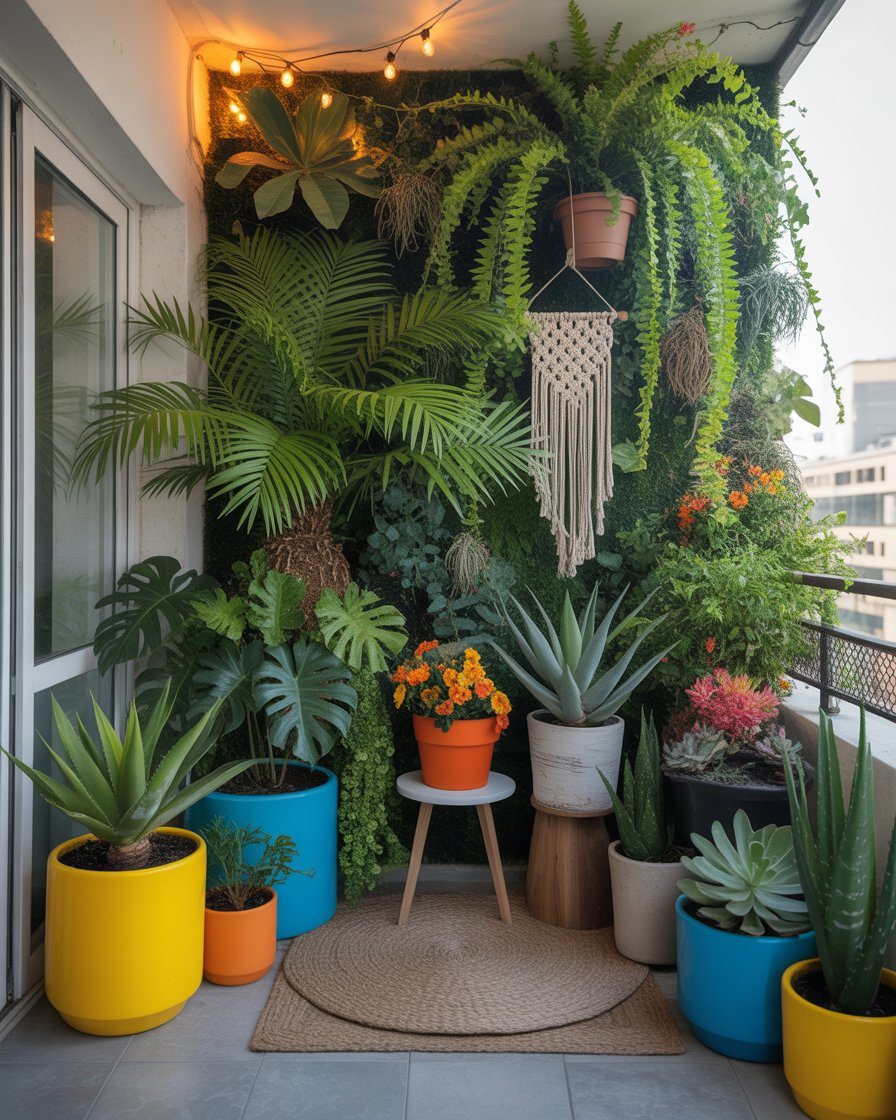 An urban jungle balcony filled with lush greenery and various plants.