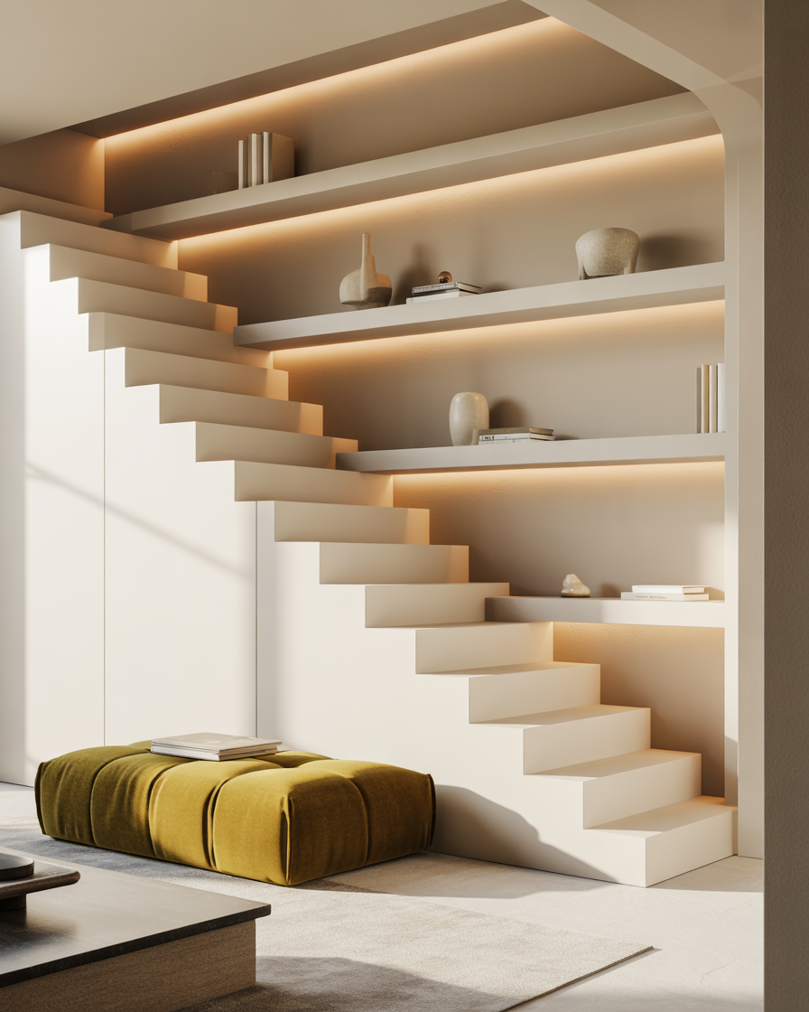 White staircase with lights and green ottoman.