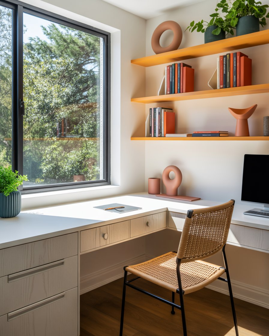 Compact desk under window with vertical wood-slat shelving.