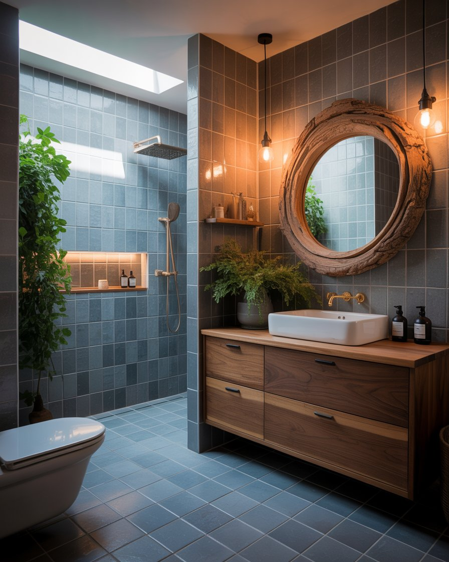 A stylish bathroom with grey tiles and wooden accents, including a wooden vanity and shelves.
