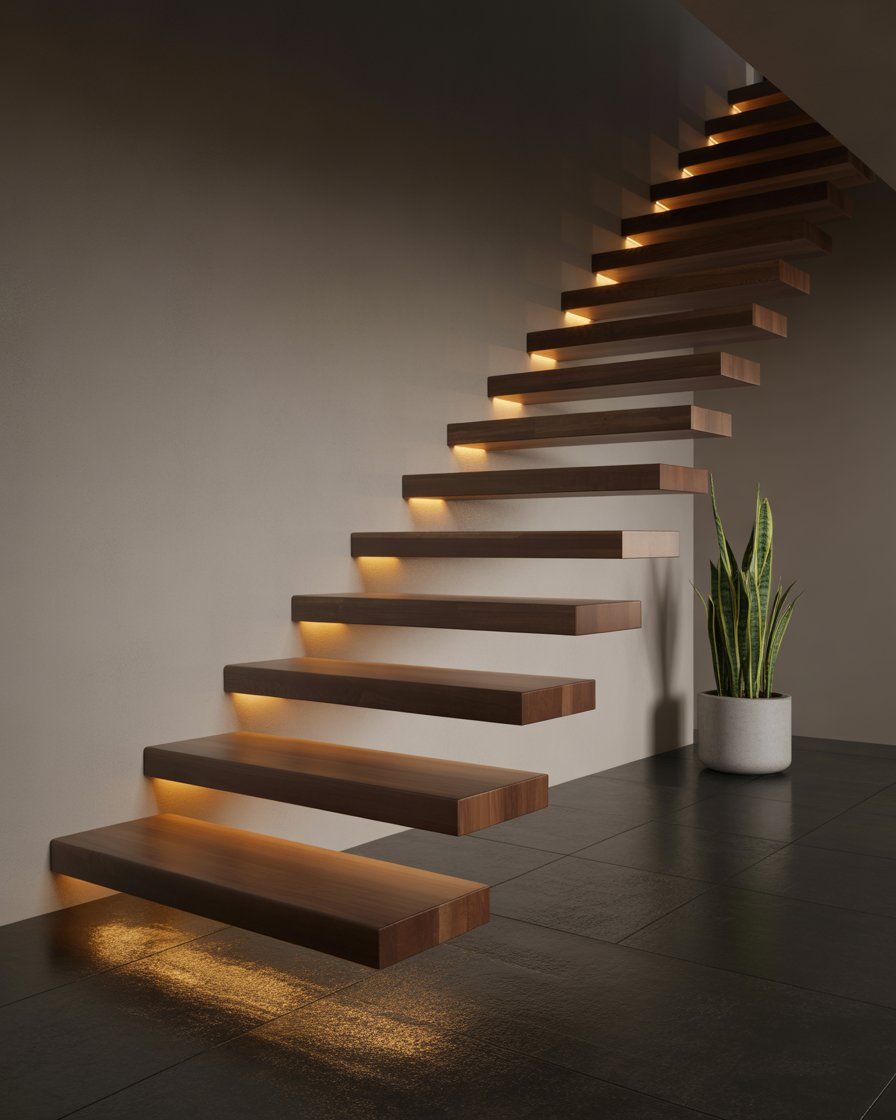 Floating wood stairs with golden light.