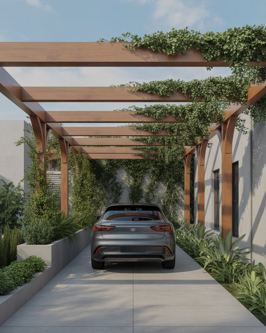 Pergola style car porch with wooden beams and climbing greenery.