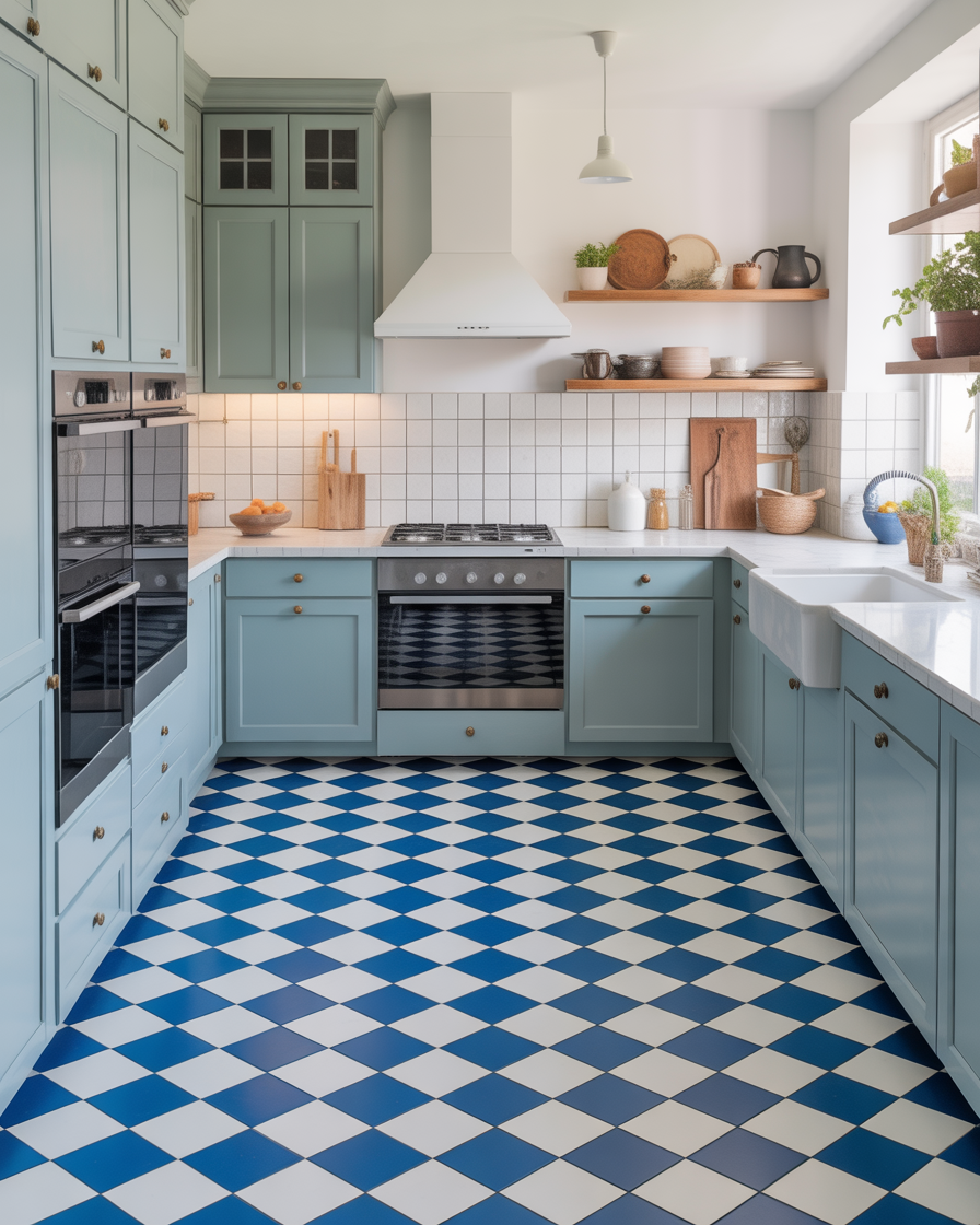 A retro-inspired kitchen with a blue and white checkerboard floor.