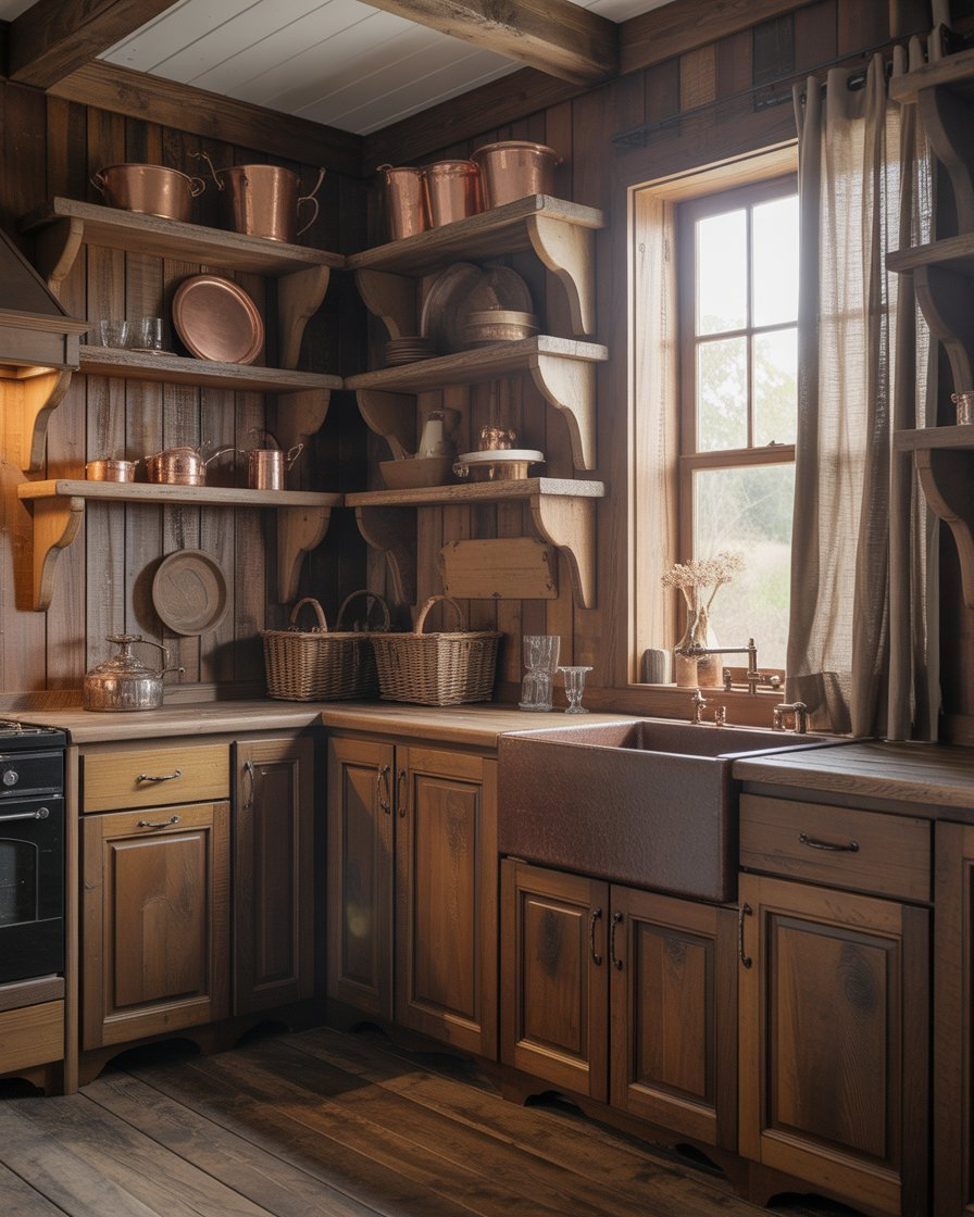 Rustic brown kitchen with open wood shelves and farmhouse decor.