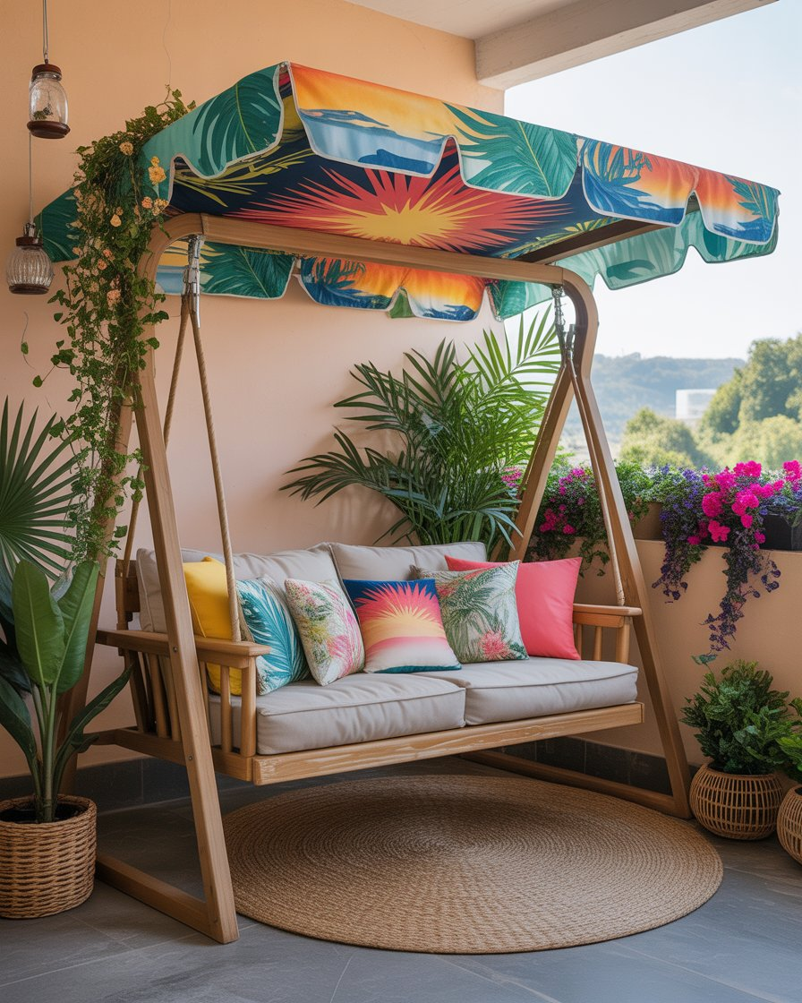 Bench swing with fabric canopy in a small backyard patio.