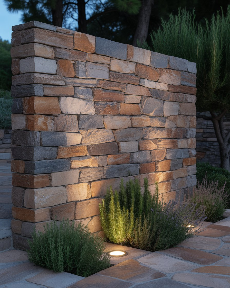 Rough stone garden wall illuminated by embedded spotlights.
