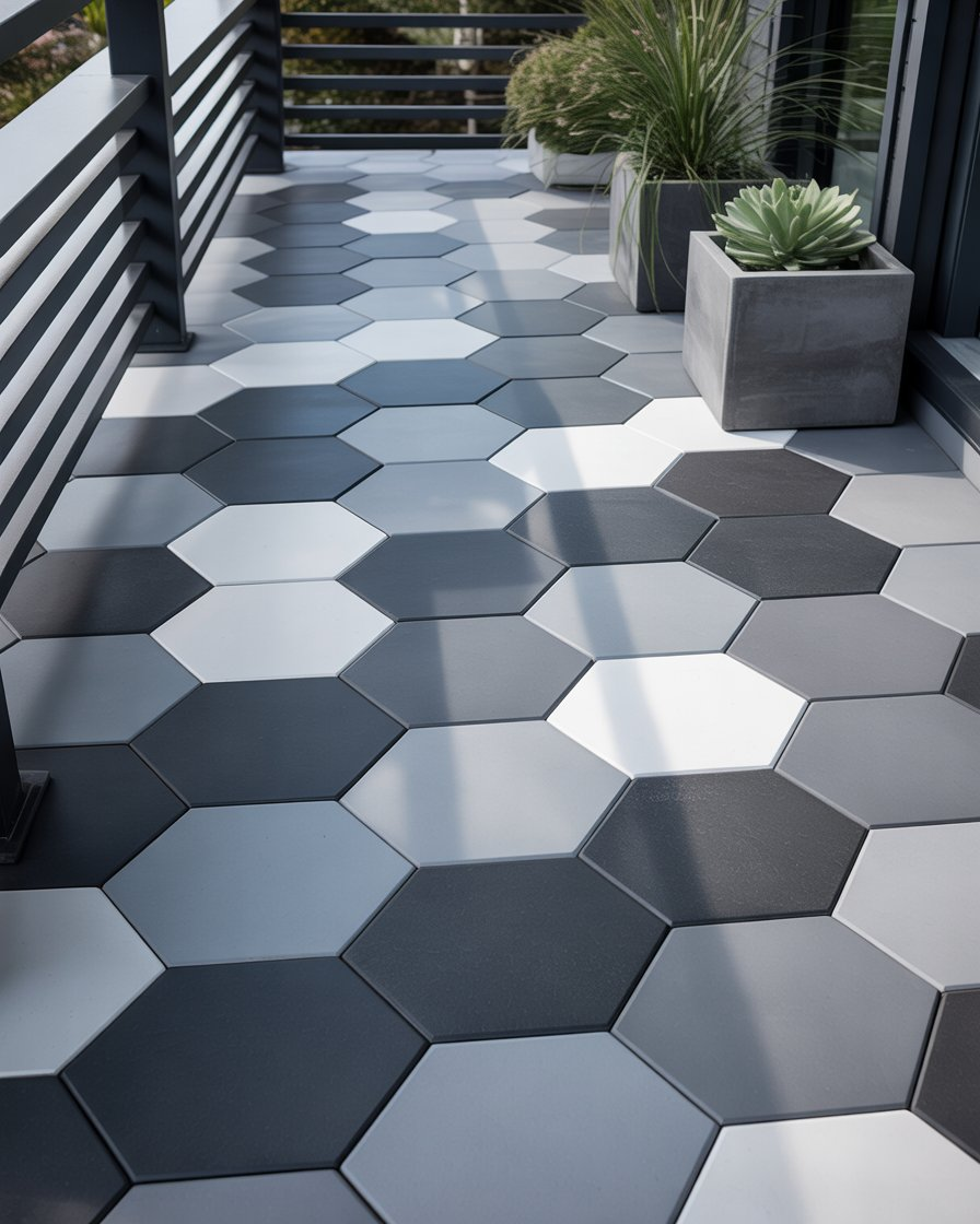 Matte hexagonal porcelain tile porch in neutral tones.