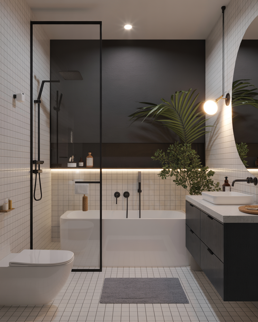 A modern bathroom with a bold deep grey accent wall and neutral fixtures.