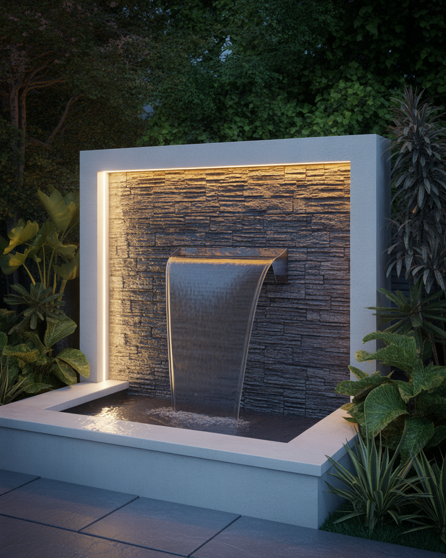 Waterfall wall lit by LED edge lighting, water flowing.