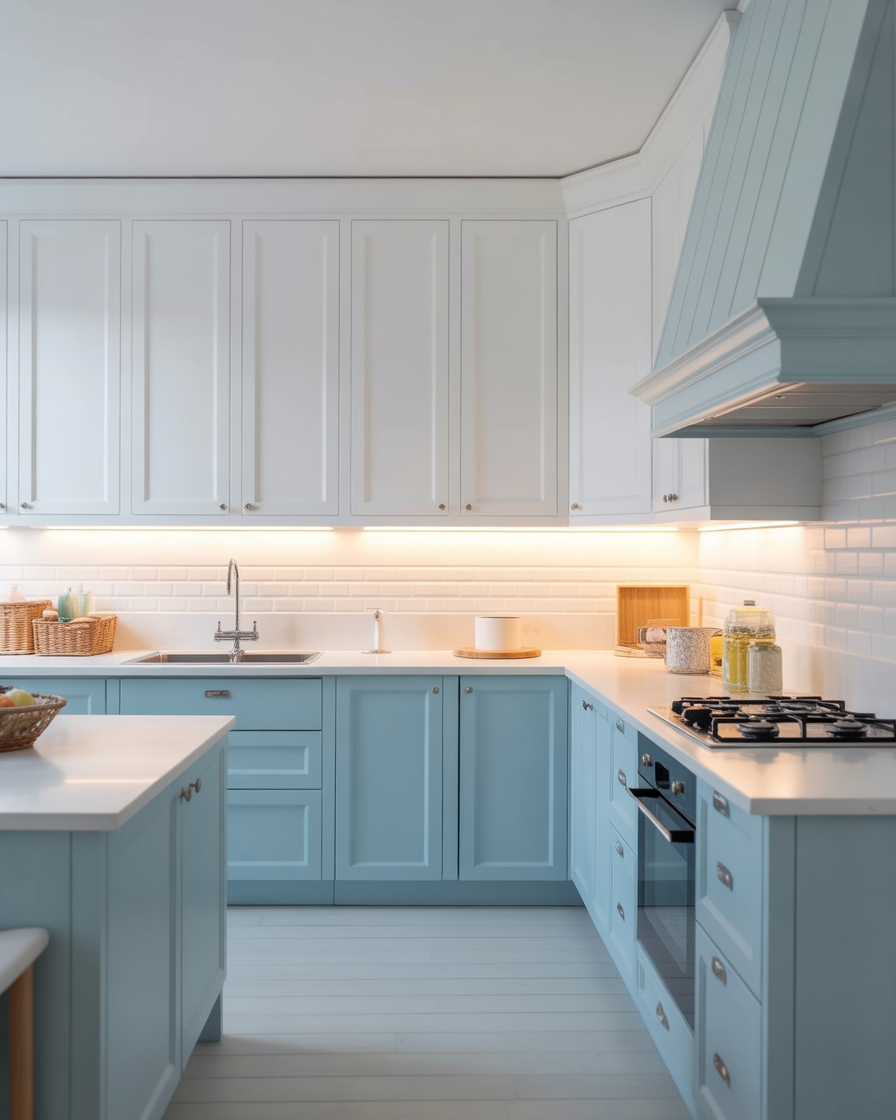 A kitchen with soft blue and white shaker cabinets, featuring a modern island and bright lighting.