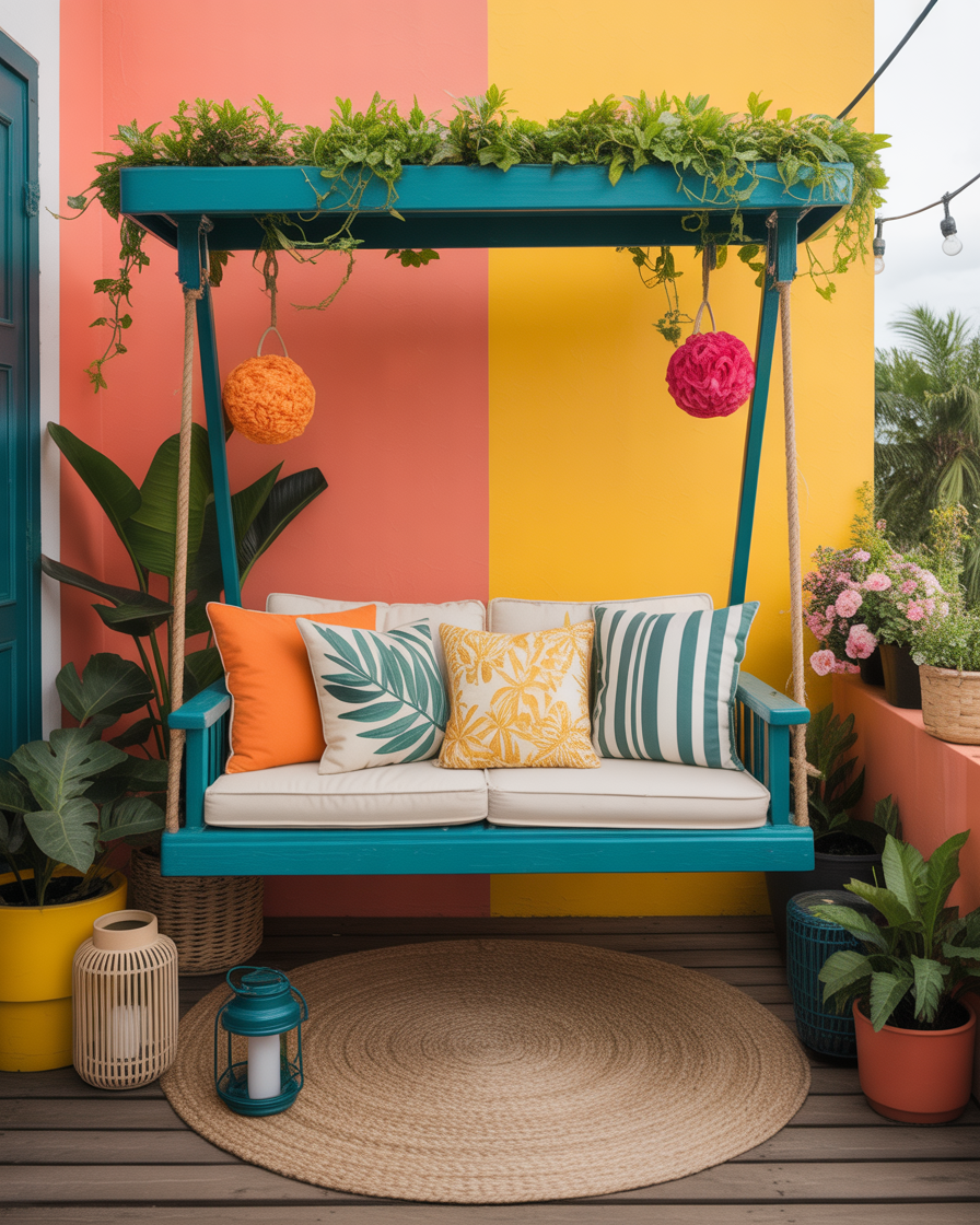 Vibrant teal bench swing with colorful cushions in a lush patio garden.