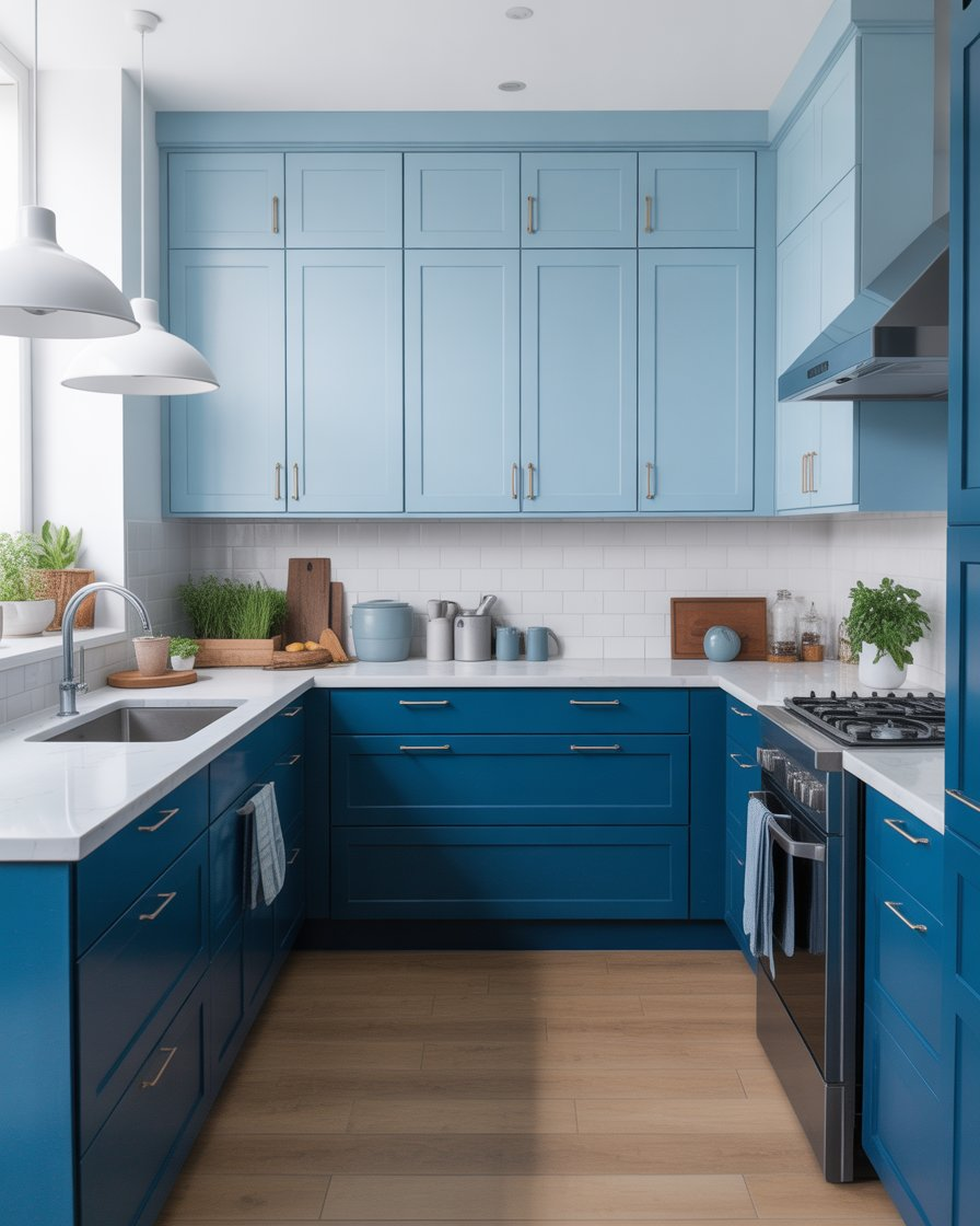 A two-tone kitchen with light blue upper cabinets and darker blue lower cabinets.