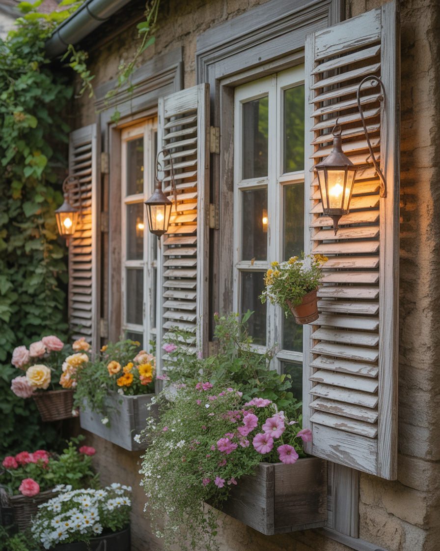 Old wooden window frames and vintage shutters on garden wall with flowers and lanterns.