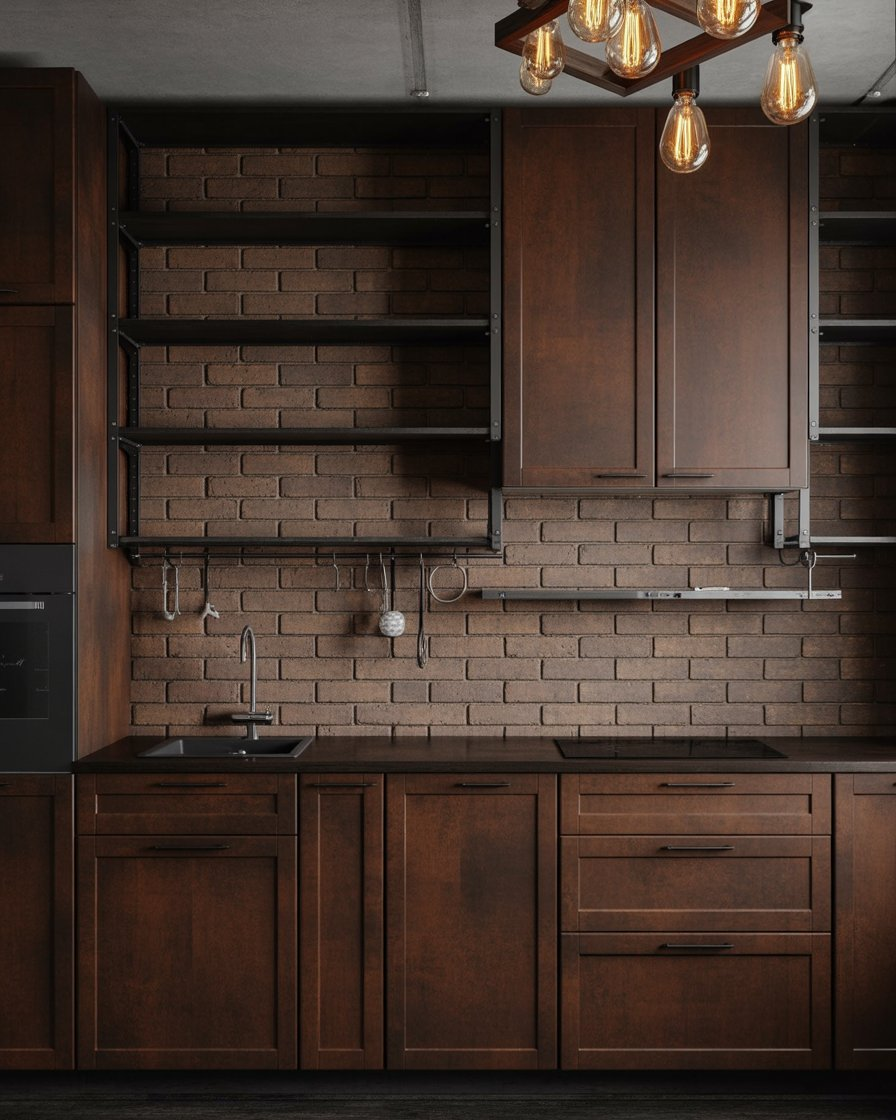 Brown industrial-style kitchen with metal and wood finishes.