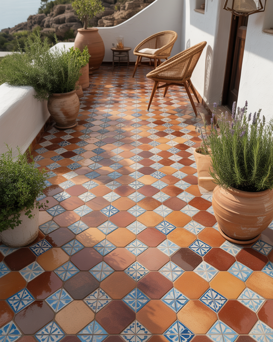  Terra cotta and blue patterned tile porch with Mediterranean vibe.