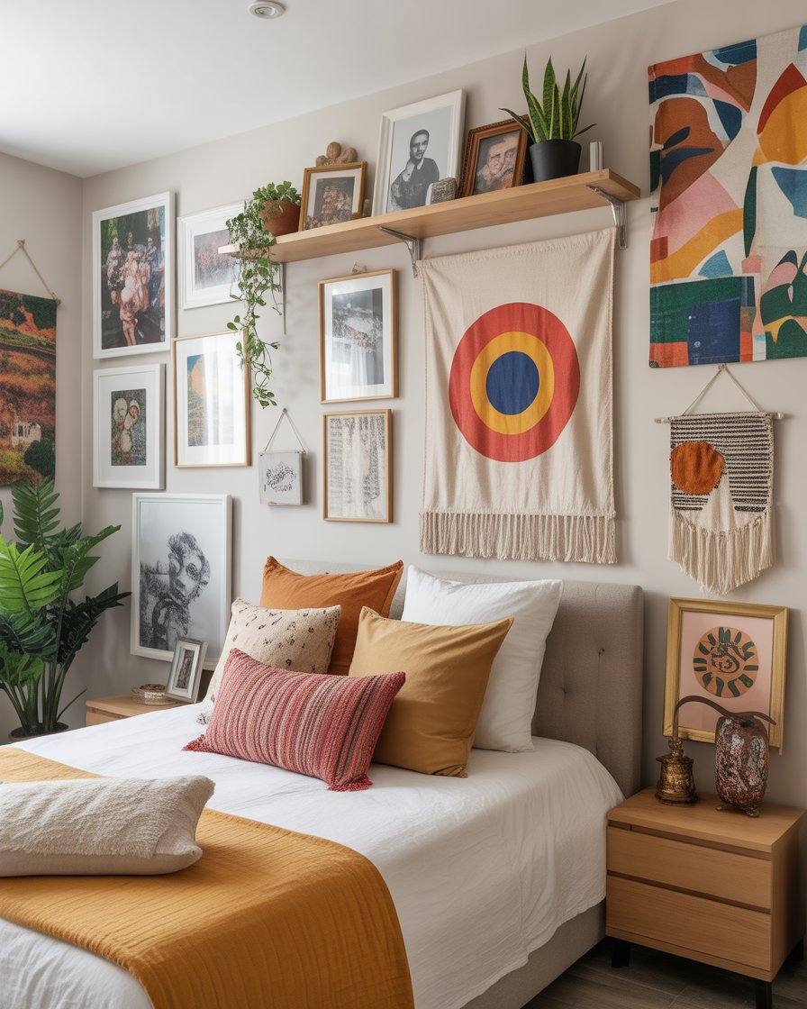 Bedroom walls decorated with a mix of bold art, cozy textures, colorful patterns, and personalized touches, creating a stylish and inviting space that reflects creativity and personality.