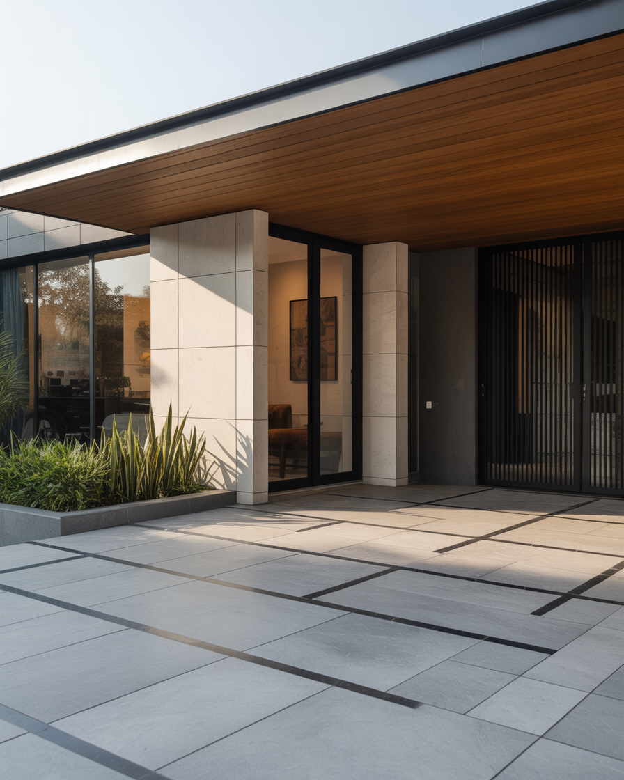 Car porch with patterned tile flooring for a modern look.