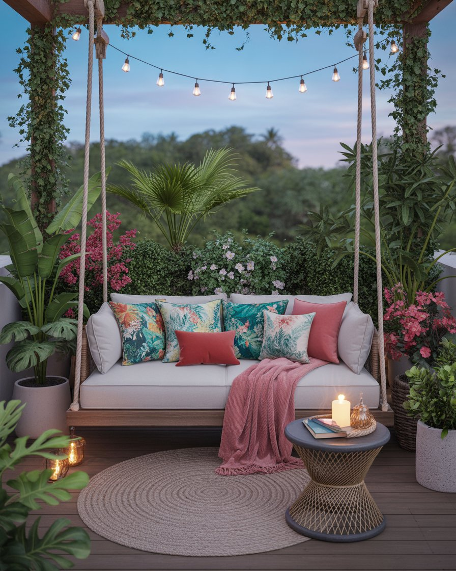 Cozy cushioned bench swing with blanket and outdoor pillows in a small garden.