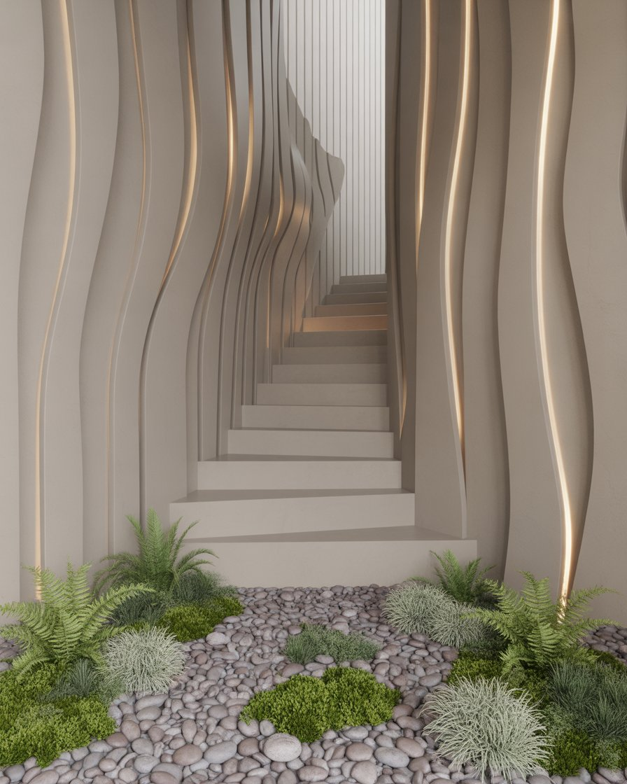 Textured wall with modern stairs and garden.