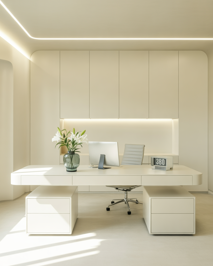 Crisp white workspace with built-in cabinets and floating desk.