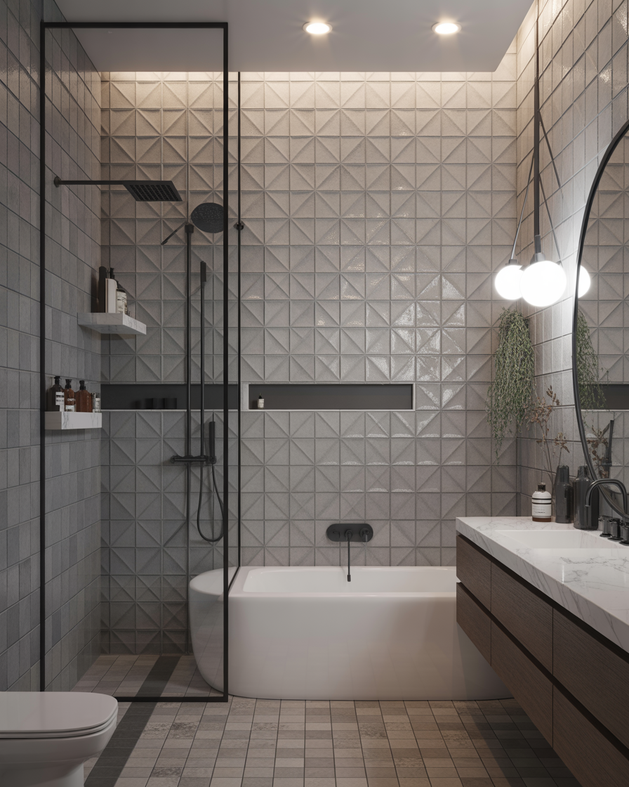 A modern bathroom with textured grey tiles and minimalist accessories.