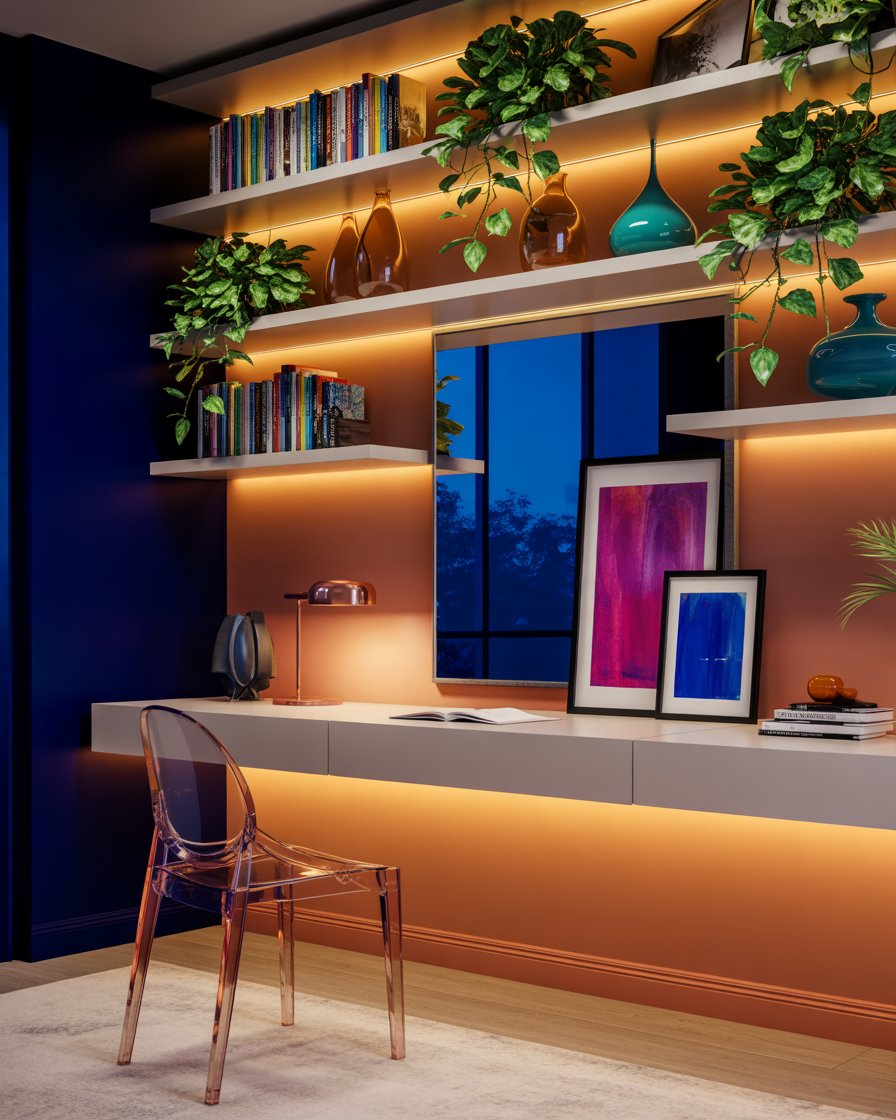 Floating shelves shine above a bright, clutter-free workspace.