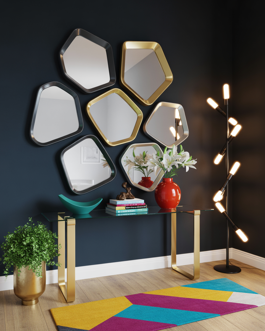 Geometric entryway mirrors arranged in a modern space.