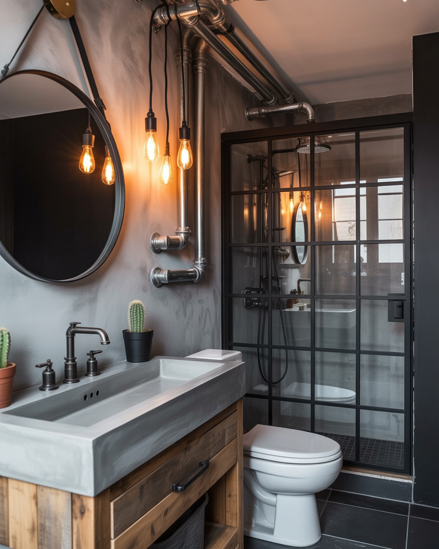Industrial bathroom with exposed pipes and concrete walls.