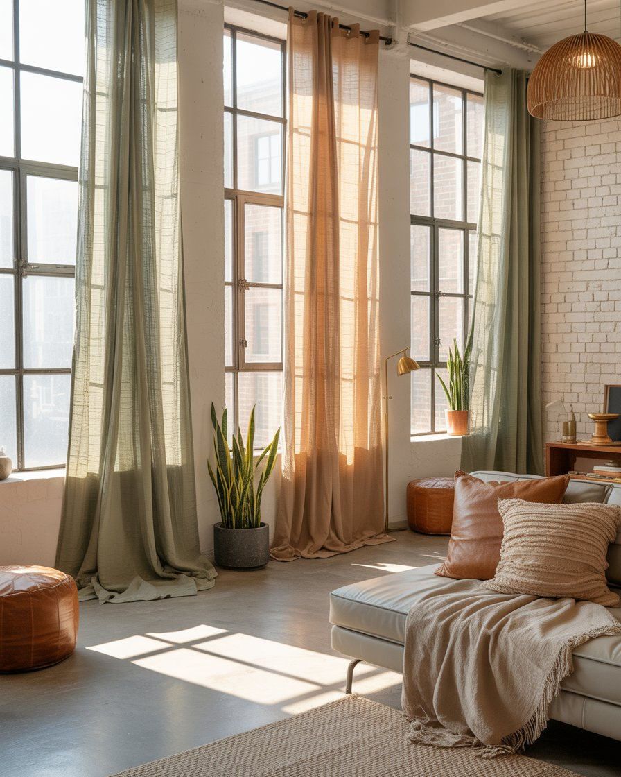 Flowy gauze curtains in beige and olive green letting in warm sunlight.
