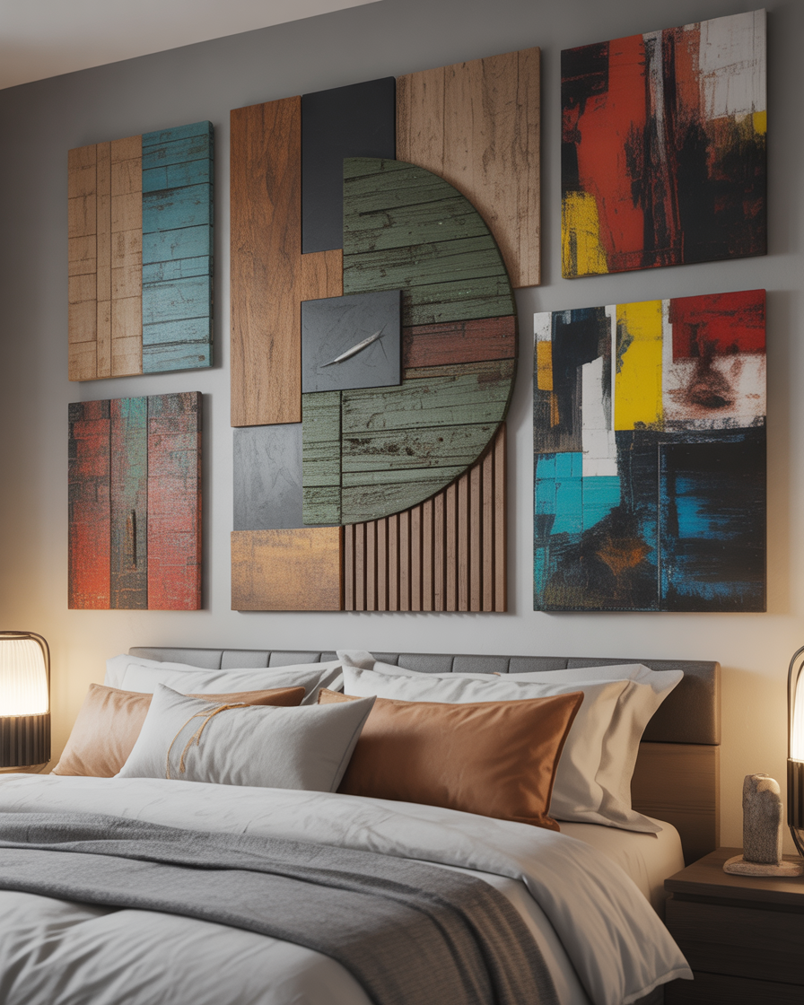 Bedroom wall displaying mixed media artwork combining wood, metal, and fabric.