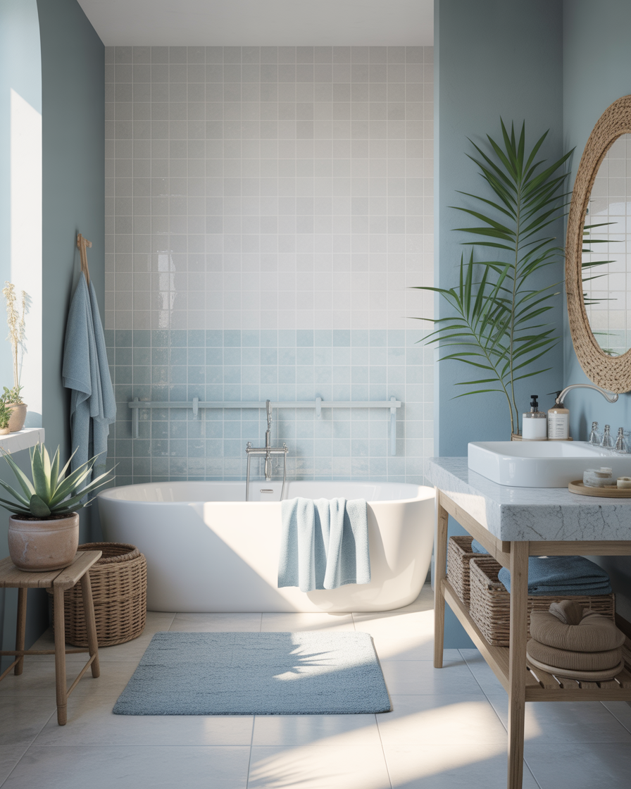 A coastal-inspired bathroom with grey walls and soft blue accents.
