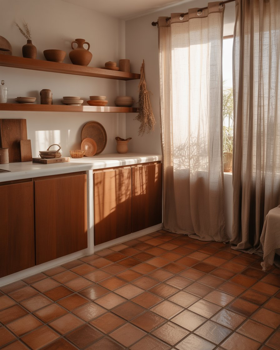 Warm brown kitchen with terracotta tiles and earthy decor.
