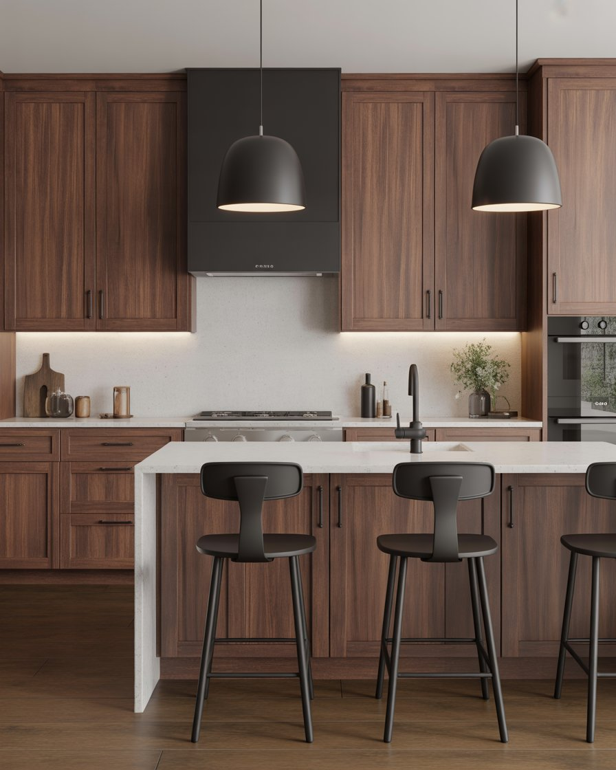 Stylish kitchen with brown wood and matte black finishes.