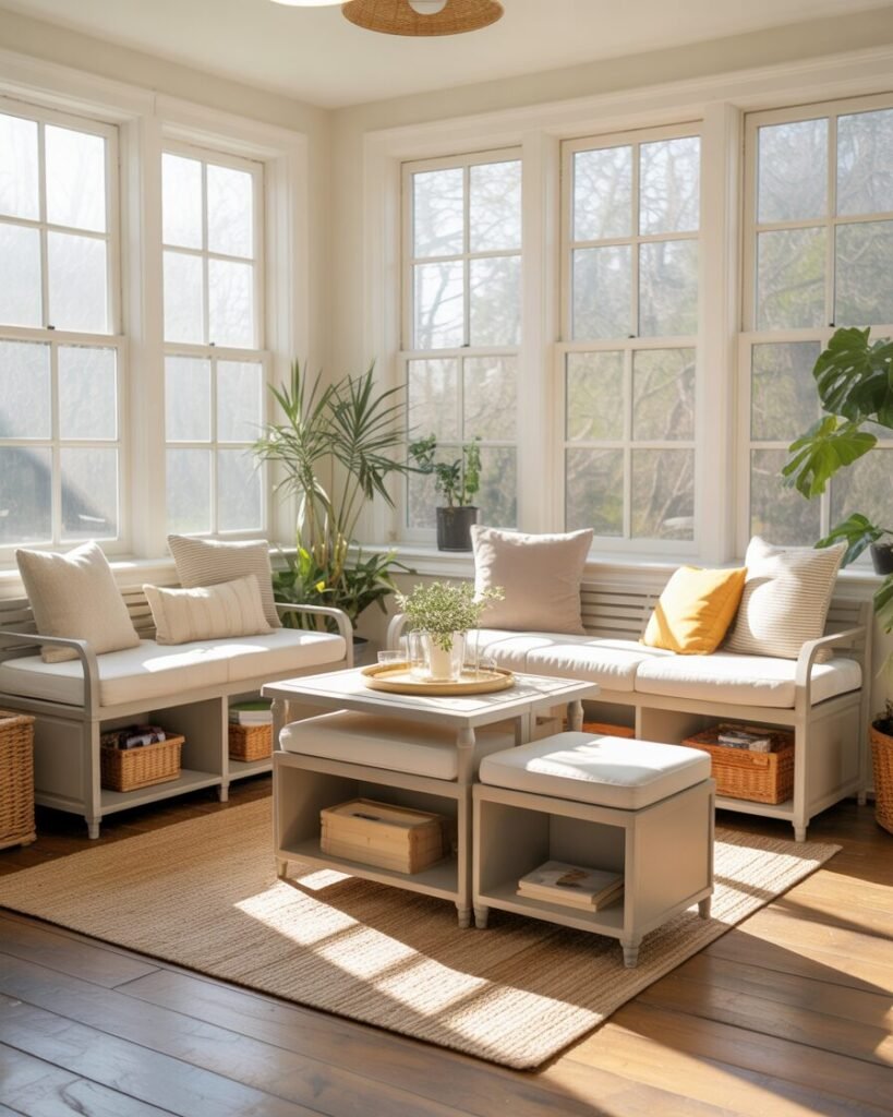 Sunroom featuring multi-functional furniture like storage ottomans and benches.
