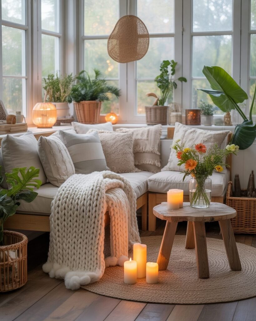  Sunroom decorated with seasonal cushions, throws, and small decorative accents.
