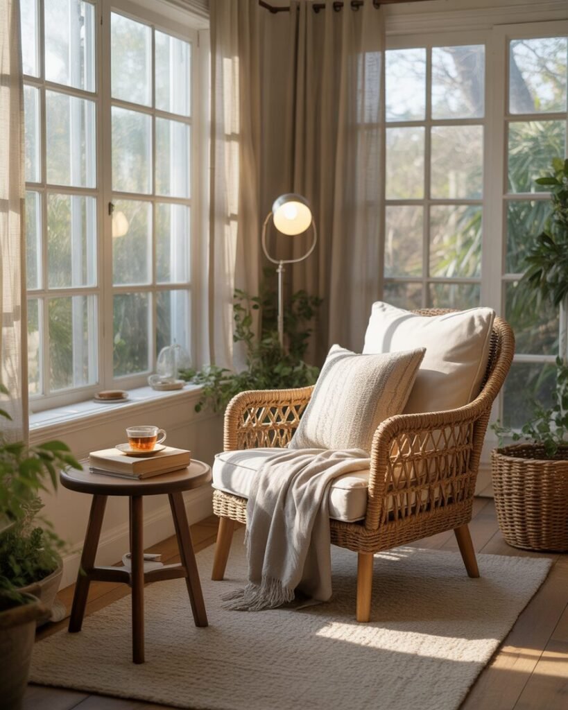  Cozy reading nook in a sunroom with armchair, small table, and books.