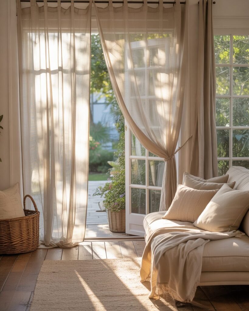 Sunroom windows adorned with sheer linen curtains, softly diffusing sunlight.