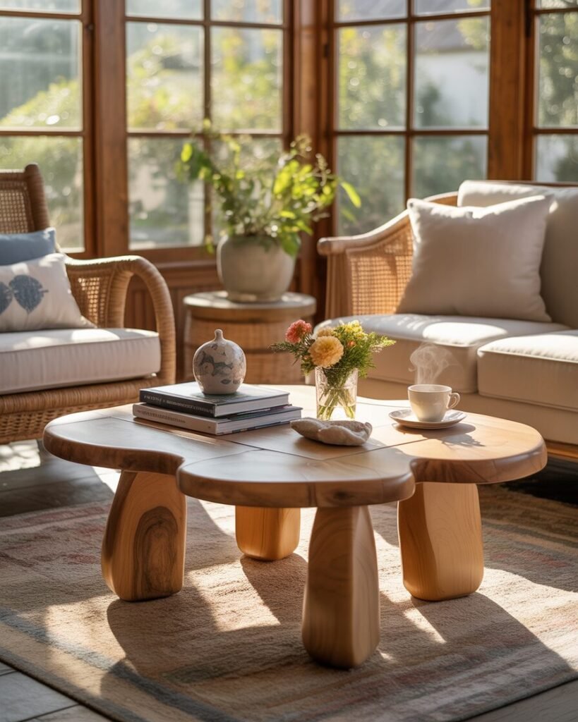 Sunroom with a wooden coffee table surrounded by plush seating and décor items.